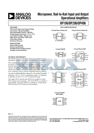 OP496HRU datasheet - Micropower, Rail-to-Rail Input and Output Operational Amplifiers