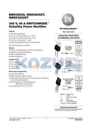 MBR40250TG datasheet - 250 V, 40 A SWITCHMODE Schottky Power Rectifier