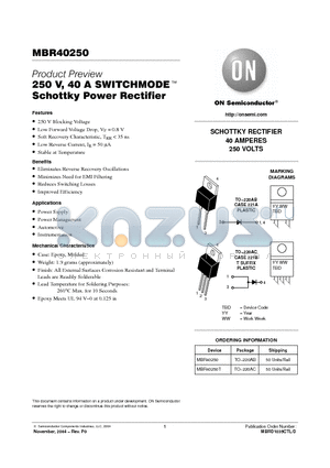 MBR40250 datasheet - 250 V, 40 A SWITCHMODE Schottky Power Rectifier