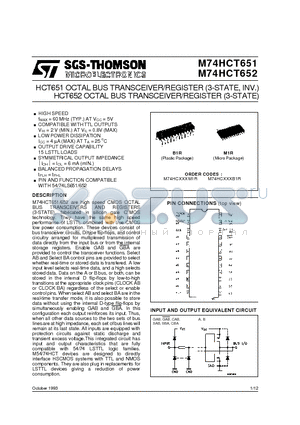 M74HCT651M1R datasheet - HCT651 OCTAL BUS TRANSCEIVER/REGISTER 3-STATE, INV. HCT652 OCTAL BUS TRANSCEIVER/REGISTER 3-STATE