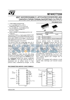 M74HCT7259M1R datasheet - 8BIT ADDRESSABLE LATCH/DECODER/RELAIS DRIVER OPEN DRAIN,INVERTING OUTPUT