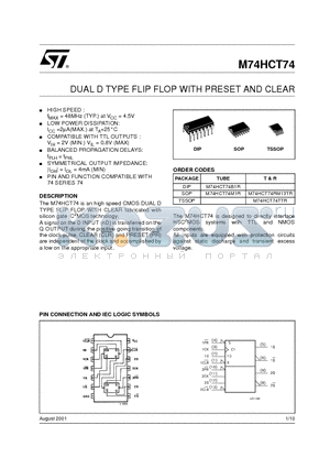 M74HCT74M1R datasheet - DUAL D TYPE FLIP FLOP WITH PRESET AND CLEAR
