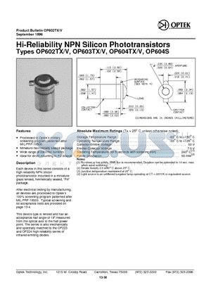 OP603TX datasheet - Hi- Reliability NPN Silicon Phototransistors