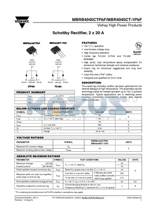 MBR4045CT-1PBF datasheet - Schottky Rectifier, 2 x 20 A