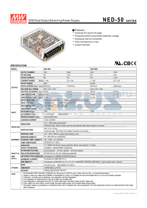 NED-50A datasheet - 50W Dual Output Switching Power Supply