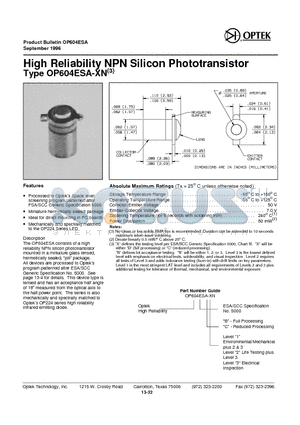 OP604ESA-XN datasheet - High Reliability NPN Silicon Phototransistor