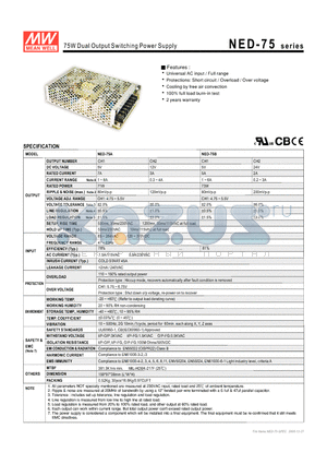 NED-75 datasheet - 75W Dual Output Switching Power Supply