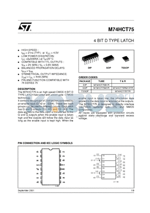 M74HCT75TTR datasheet - 4 BIT D TYPE LATCH