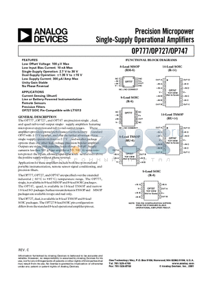 OP727AR datasheet - Precision Micropower Single-Supply Operational Amplifiers