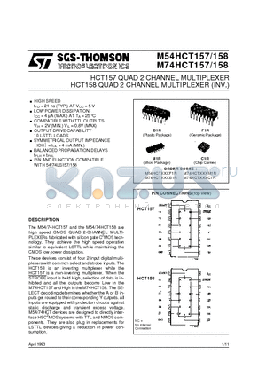 M74HCTXXXB1R datasheet - HCT157 QUAD 2 CHANNEL MULTIPLEXER HCT158 QUAD 2 CHANNEL MULTIPLEXER (INV)