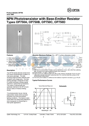 OP750B datasheet - NPN Pho totransistor with Base- Emitter Resistor