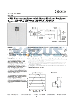 OP755A datasheet - NPN Photo transistor with Base-Emitter Resistor