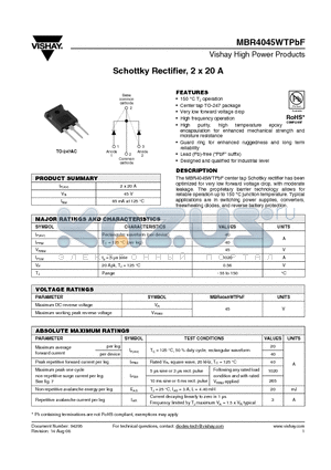 MBR4045WTPBF datasheet - Schottky Rectifier, 2 x 20 A