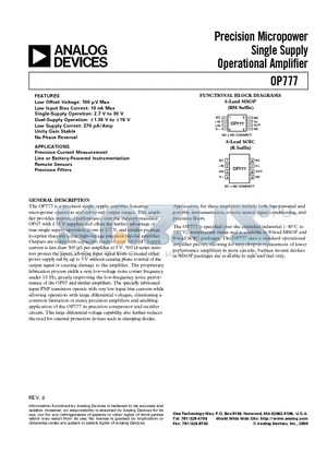 OP777 datasheet - Precision Micropower Single Supply Operational Amplifier