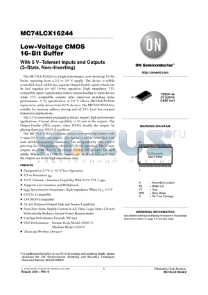 M74LCX16244DTR2G datasheet - Low−Voltage CMOS 16−Bit Buffer With 5 V−Tolerant Inputs and Outputs (3−State, Non−Inverting)