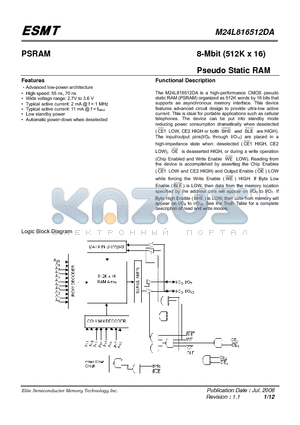 M24L816512DA-55BEG datasheet - 8-Mbit (512K x 16) Pseudo Static RAM