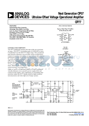 OP77AZ datasheet - Next Generation OP07 Ultralow Offset Voltage Operational Amplifier