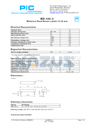 MS-106-3-1 datasheet - Miniature Reed Sensor - pitch 15.24 mm