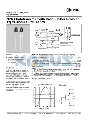 OP793 datasheet - NPN Pho to tran sis tor with Base- Emitter Resistor