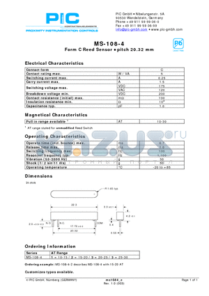 MS-108-4 datasheet - Form C Reed Sensor  pitch 20.32 mm