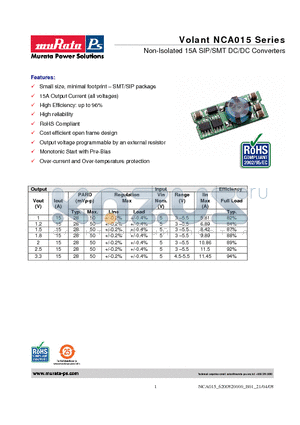NEF0151330B0-XC datasheet - Non-Isolated 15A SIP/SMT DC/DC Converters