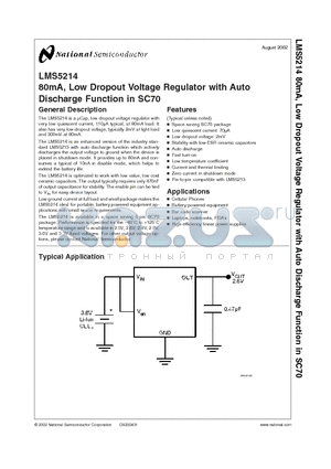 LMS5214IMGX-3.0 datasheet - 80mA, Low Dropout Voltage Regulator with Auto Discharge Function in SC70