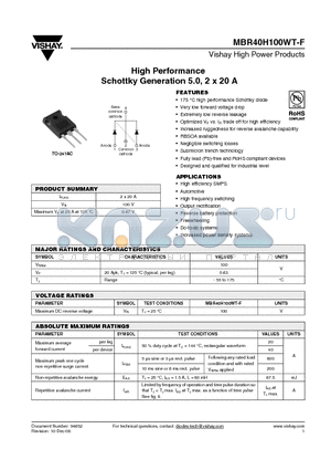 MBR40H100WT-F datasheet - High Performance Schottky Generation 5.0, 2 x 20 A