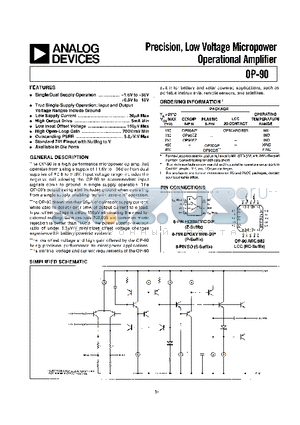 OP90 datasheet - PRECISION, LOW VOLTAGE MICROPOWER OPERATIONAL AMPLIFIER