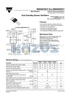 MBR40H45CT datasheet - Dual Schottky Barrier Rectifiers