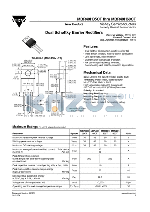 MBR40H50CT datasheet - Dual Schottky Barrier Rectifiers