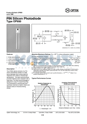 OP950 datasheet - PIN Sili con Pho todiode