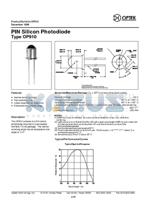 OP910 datasheet - PIN SILICON PHOTODIODE