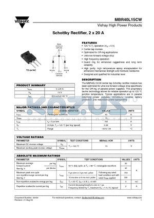 MBR40L15CW datasheet - Schottky Rectifier, 2 x 20 A