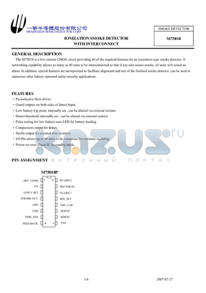 M75018 datasheet - IONIZATION SMOKE DETECTOR WITH INTERCONNECT