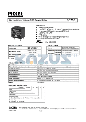 PC2361A-12 datasheet - Subminiature 10 Amp PCB Power Relay