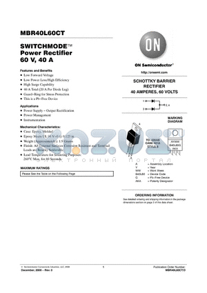 MBR40L60CTG datasheet - SWITCHMODE Power Rectifier 60 V, 40 A
