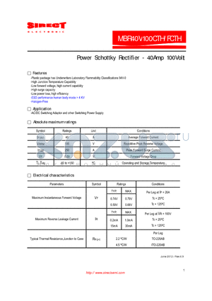 MBR40V100CTH datasheet - Power Schottky Rectifier - 40Amp 100Volt