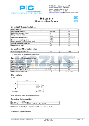 MS-213-3 datasheet - Miniature Reed Sensor