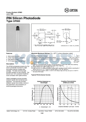 OP993 datasheet - PIN Sili con Pho todiode