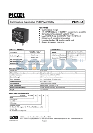 PC236A1C-12G datasheet - Subminiature Automotive PCB Power Relay