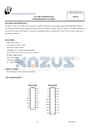 M7613-P20 datasheet - DC PIR CONTROLLER WITH REMOTE CONTROL