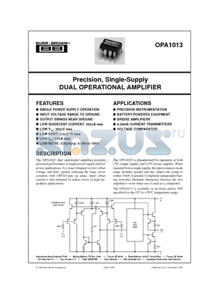 OPA1013 datasheet - Precision, Single-Supply DUAL OPERATIONAL AMPLIFIER