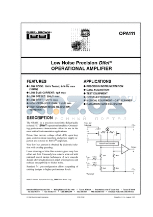 OPA111AM datasheet - Low Noise Precision Difet  OPERATIONAL AMPLIFIER