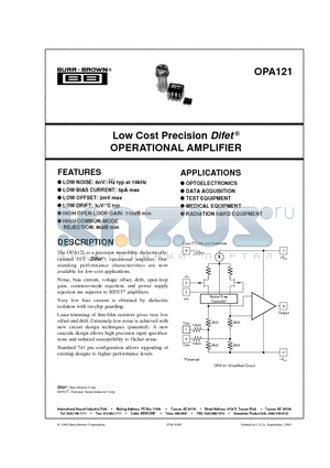 OPA121 datasheet - Low Cost Precision Difet OPERATIONAL AMPLIFIER