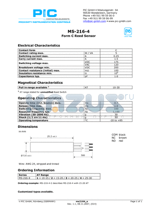 MS-216-4-3 datasheet - Form C Reed Sensor