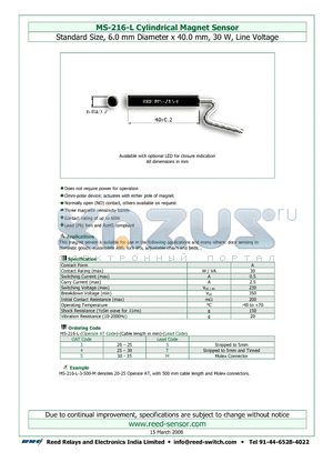 MS-216-L-3 datasheet - Cylindrical Magnet Sensor