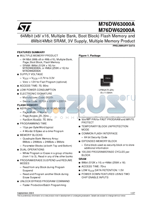 M76DW62000A90ZT datasheet - 64Mbit (x8/ x16, Multiple Bank, Boot Block) Flash Memory and 8Mbit/4Mbit SRAM, 3V Supply, Multiple Memory Product