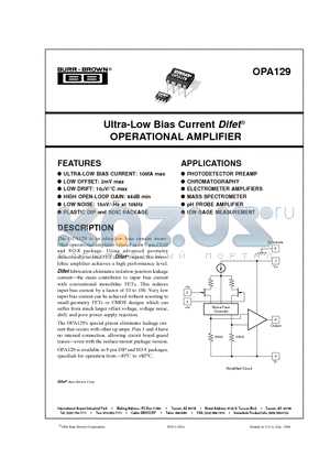 OPA129 datasheet - Ultra-Low Bias Current Difet OPERATIONAL AMPLIFIER