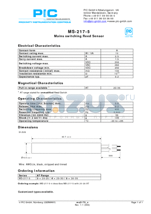 MS-217-5-4 datasheet - Mains switching Reed Sensor
