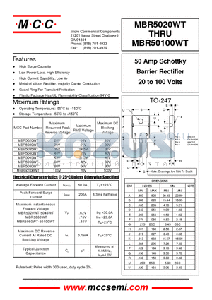 MBR50100WT datasheet - 50 Amp Schottky Barrier Rectifier 20 to 100 Volts